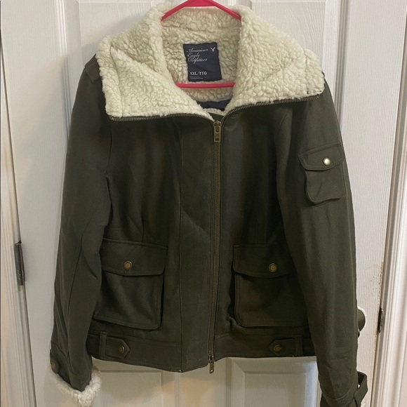 American Eagle Outfitters Jackets & Blazers - American Eagle Women’s Olive Moto Wool Bomber Jacket Faux Fleece Trim Size XXL